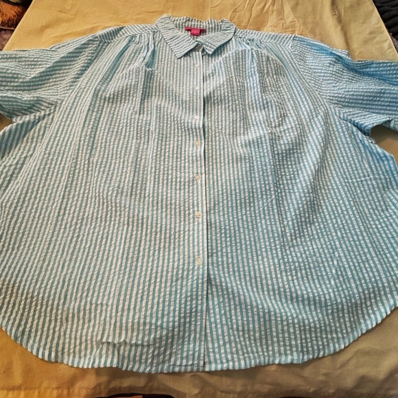 BLOUSE, WAVY FABRIC, BLUE & WHITE, SIZE 4X, VERTICAL STRIPES, POCKET, SHIRRING - Picture 1 of 10